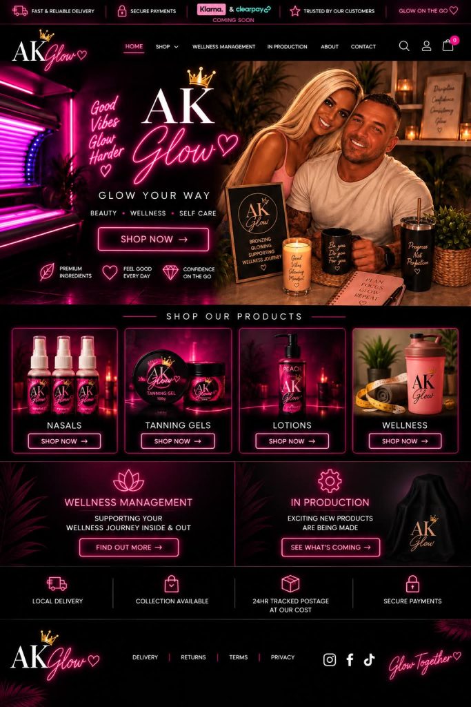 Shop Our Products - AK Glow banner with Nasals, Tanning Gels, Lotions and Wellness categories